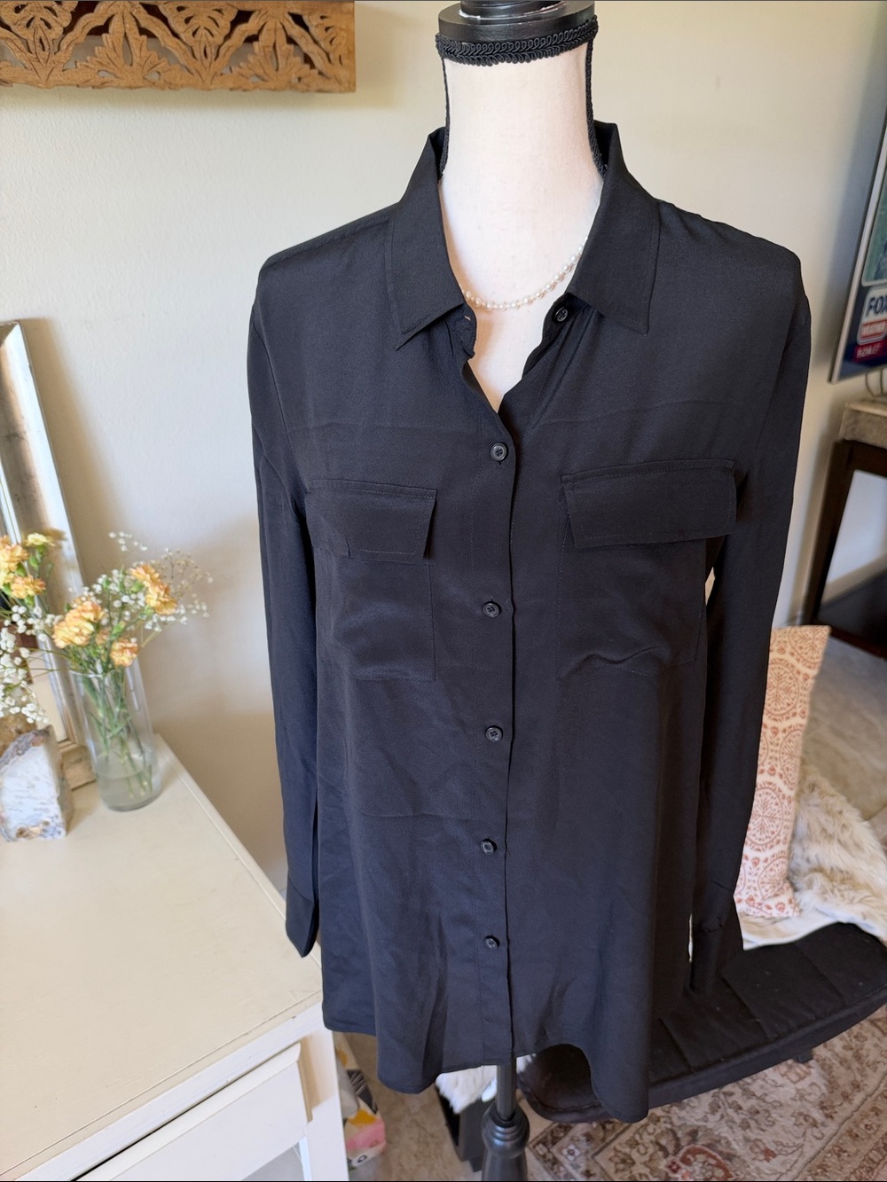 Moda international Vtg Y2K black silk semi sheer button down shirt blouse M
